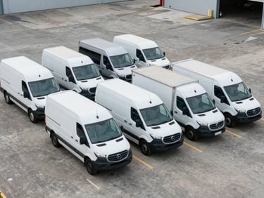 Overhead wide shot of a mixed fleet row — Sprinter Van, Cargo Van, and Box Truck parked side by side on a commercial lot under flat overcast daylight, vehicle markings visible, no people, clean concrete surface, industrial building edge in background
