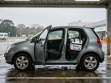 Compact sedan parked at a hospital loading bay under overcast morning light, rear door open, medical supply bag visible on back seat, pavement wet from recent rain