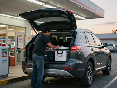 Dark SUV backed up to a pharmacy dock in early morning, driver loading insulated cooler bags into the cargo area, fluorescent dock lighting overhead