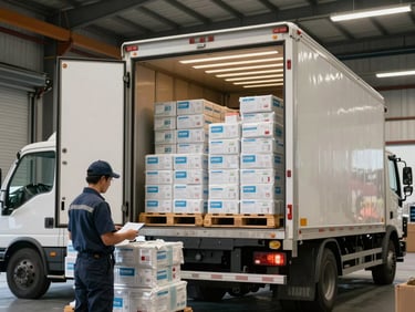 White box truck backed into a wide loading bay, rear roll door raised revealing organized stacked medical supply pallets inside, warehouse worker scanning inventory in foreground