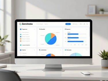 High-fidelity UI mockup of Zenviresta's learner analytics dashboard, showing clear charts and graphs of student activity, bright natural daylight, soft shadows, minimalist modern workspace, crisp details, professional tech aesthetic, 50mm lens, straight-on view.