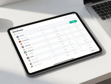 High-fidelity UI mockup of Zenviresta's gradebook interface, showing a clean table with student scores and an export button, bright natural daylight, soft shadows, minimalist modern workspace, crisp details, professional tech aesthetic, 50mm lens, slightly angled isometric view.