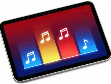 Clean screenshot of the interactive gameplay on a tablet, showing a rhythm tapping quest with vibrant notes, arcade style, 35mm.