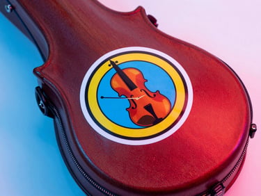 Close-up of a colorful physical reward sticker being placed on a violin case, bright high-key product photography, bold red and blue ambient lighting, 35mm.