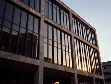 Low-angle shot of a modern glass and concrete institutional building, reflecting dramatic, high-contrast architectural lighting, conveying strength and stability, 35mm.