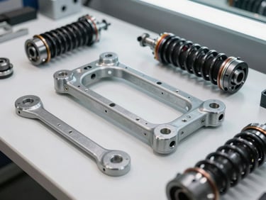 Close-up shot of EV structural frame brackets, axle components, and suspension parts arranged on a white workbench under bright clinical overhead lighting, metal finish in sharp focus