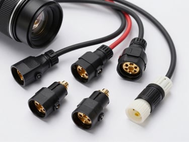 Tight overhead shot of EV electrical connectors, wiring harnesses, and waterproof plugs laid out on a white surface under studio strobes, sharp detail on connector pins and seals