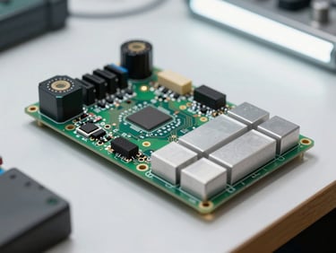 Close-up shot of an EV motor controller circuit board and heat sink on a clean white workshop bench, bright clinical overhead lighting, precise component labeling visible