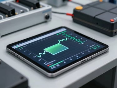 Close-up of a digital diagnostic tablet displaying a battery cell voltage readout graph, resting on a service bay workbench, EV battery pack partially visible in background, bright even studio lighting, no people
