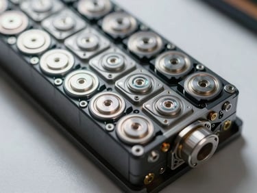 Extreme close-up overhead shot of an EV lithium battery pack, cells exposed, under bright studio strobe lighting on a white workshop surface, sharp component detail visible