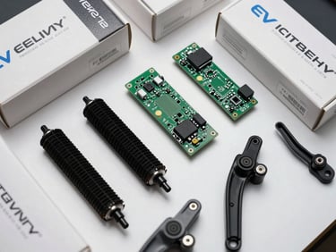 Overhead flat-lay of genuine EV spare parts in original manufacturer packaging — motor brushes, controller board, brake lever assembly — arranged on a white surface under bright clinical light, part numbers visible on labels