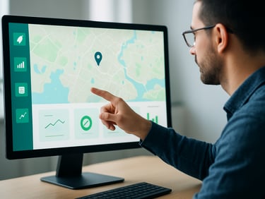 A software developer pointing at a monitor displaying a clean user interface for a local environmental mapping tool, cool indoor lighting, 35mm lens.