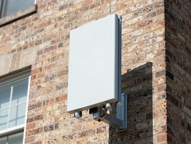 Close-up of an outdoor high-speed internet transmitter being mounted on a brick community building in Ohio, bright daylight, 35mm lens.