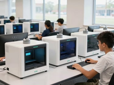 A bright classroom inside an Ohio public library, featuring modern computer workstations and 3D printers, students working, 35mm lens.