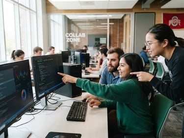 A bright, modern Ohio technology classroom with students collaborating on high-performance computers, natural daylight, emerald green accents, shallow depth of field