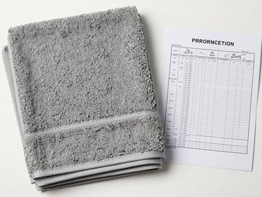 Overhead flat-lay of folded commercial grey towels next to an engineering specification sheet