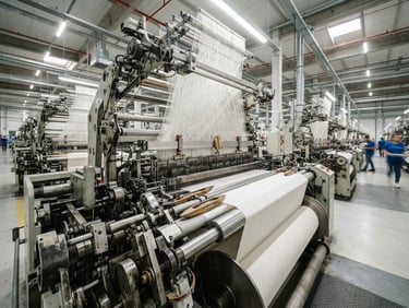 Industrial loom weaving high-volume cotton sheets on a bright factory floor, sharp focus on textile machinery