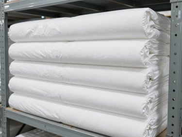 Stacked rolls of white institutional bedsheets on a steel warehouse shelf, clean industrial daylight