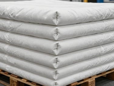 Close-up of industrial polar blankets stacked on a shipping pallet, sharp textile texture