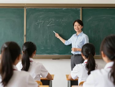 Warm editorial photo of a teacher explaining on a blackboard to high school students, natural light.