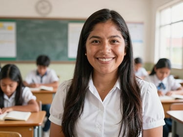 Portrait of a female Peruvian teacher smiling, warm editorial photography, bright classroom background, friendly and professional