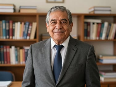 Portrait of a senior Peruvian male school director in a suit, warm natural light, office background with books, professional and friendly