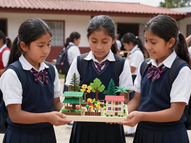 Warm editorial photography of Peruvian high school students presenting a miniature model of a sustainable farm, bright natural daylight, authentic school environment, rich natural colors, 35mm lens, realistic depth of field