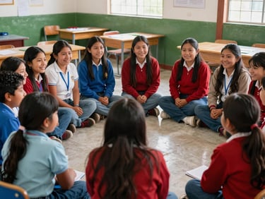 Group of Peruvian parents and teachers sitting in a circle during a school meeting, smiling, authentic classroom.