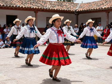 Peruvian high school students in traditional colorful Cajamarca dance costumes performing in an open-air courtyard, bright daylight.