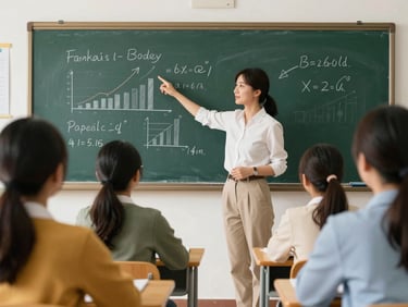 Warm editorial photography of a teacher in a classroom pointing to a blackboard with financial concepts, parents listening attentively, bright natural daylight, authentic school environment, rich natural colors, 35mm lens, realistic depth of field