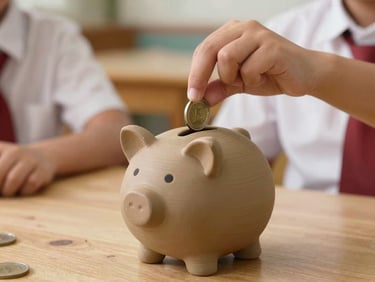 Close-up of hands placing a coin into a handmade clay piggy bank, warm daylight, authentic rustic setting
