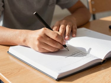Close-up of student hands writing in a financial planner notebook, school desk, warm highland sunlight, authentic classroom.