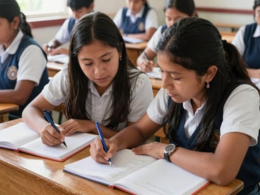 Group of two Peruvian teachers collaborating over a desk with notebooks, daylight, warm and authentic atmosphere
