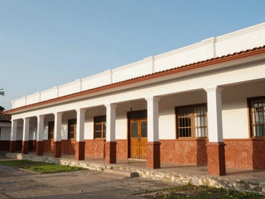 The historic school building of IE Juan Ugaz in Santa Cruz, clean architecture, bright morning sky