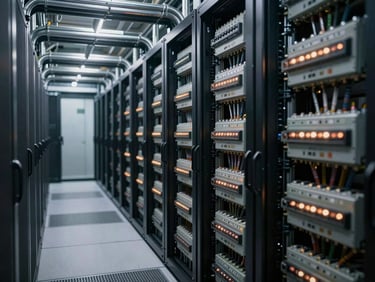 Perfectly aligned electrical conduit runs and heavy-duty switchgear panels in a modern data center, cool ambient daylight mixed with warm status indicator lights.