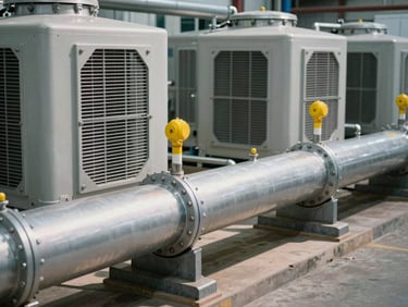 Close-up of massive industrial HVAC chillers and insulated chilled water pipes with yellow flow indicators, high-contrast shadows, clean technical environment.