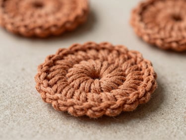 Macro shot of elegant terracotta crochet stitches, soft natural daylight, neutral sand background, shallow depth of field, 35mm editorial photography