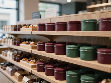Aesthetic display of artisanal food products on wooden shelves in a modern food market, clean Scandinavian interior, soft ambient lighting, high contrast.