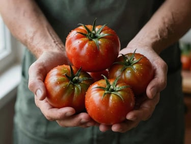 Close-up of a local farmer's hands holding freshly harvested organic heirloom tomatoes, soft natural light, rich textures, earthy background, matte finish.