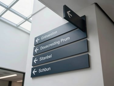 Architectural overhead view of a corporate office corridor with precision-cut directional wayfinding signs mounted flush to the wall, clean minimalist interior, daylight from skylights