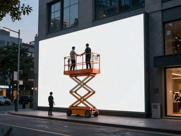 Wide environmental shot of a commercial storefront installation in progress at dusk, large-format signage panel being positioned by installers on a scissor lift, urban street context, dramatic low-light atmosphere