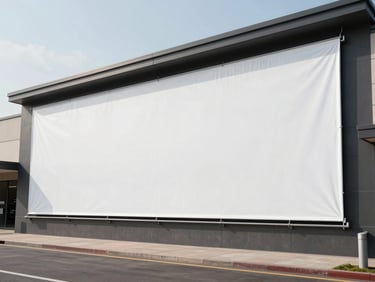 Wide exterior shot of a large vinyl banner installed on a commercial building facade in daylight, taut and perfectly aligned, architectural surroundings in the background