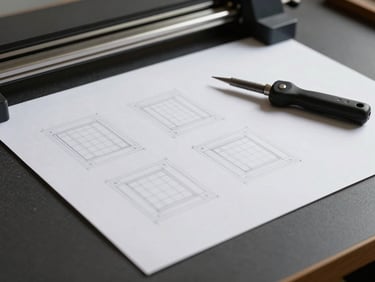 Studio flat-lit close-up of printed design layouts on a dark surface next to precision cutting tools, sharp shadows, technical and minimal composition