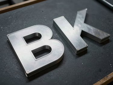 Close overhead shot of a fabricated aluminum channel letter sign on a dark workshop surface, crisp edges and precision welds visible under flat studio lighting, cold steel tones