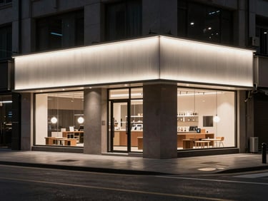 Wide shot of a commercial storefront at night, illuminated signage casting sharp light on the facade, empty street, high-contrast urban environment, no people