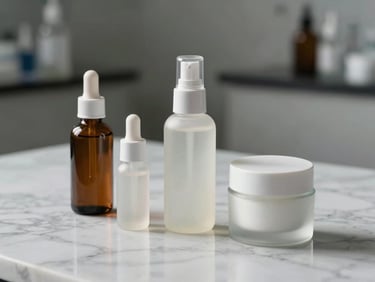Minimalist cosmetic bottles and skincare jars on a clean marble surface, clinical laboratory style.