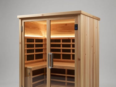 A luxury infrared sauna cabin, modern design with glass door and digital control panel, clean studio lighting.