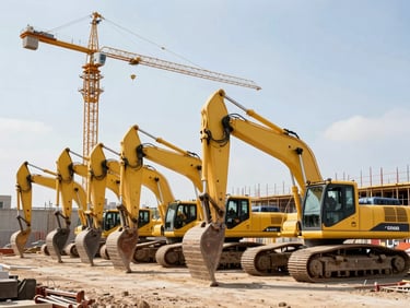 An organized construction staging area with heavy yellow excavators and cranes aligned neatly under bright daylight