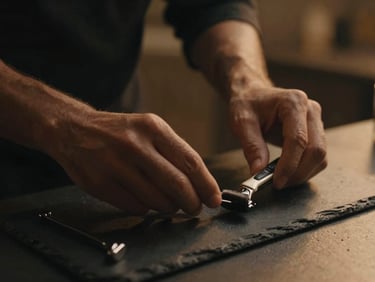 Close-up of a man's hands arranging premium grooming tools on a dark slate counter, warm amber backlighting, shallow depth of field.