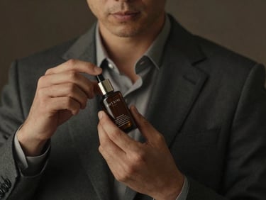 A well-dressed man in a charcoal suit, sharp focus on jawline, applying a premium serum, low-key dramatic lighting, cinematic.
